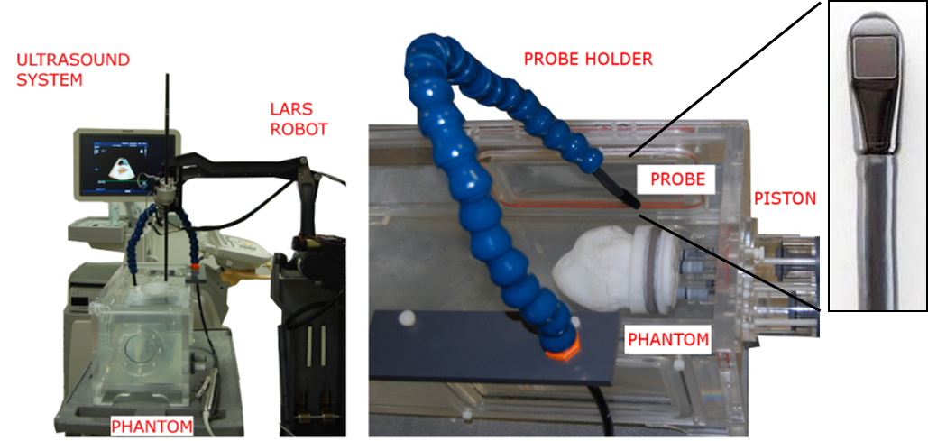 Figure 2. (a) Experimental setup. (b) Heart phantom with TEE probe shown.